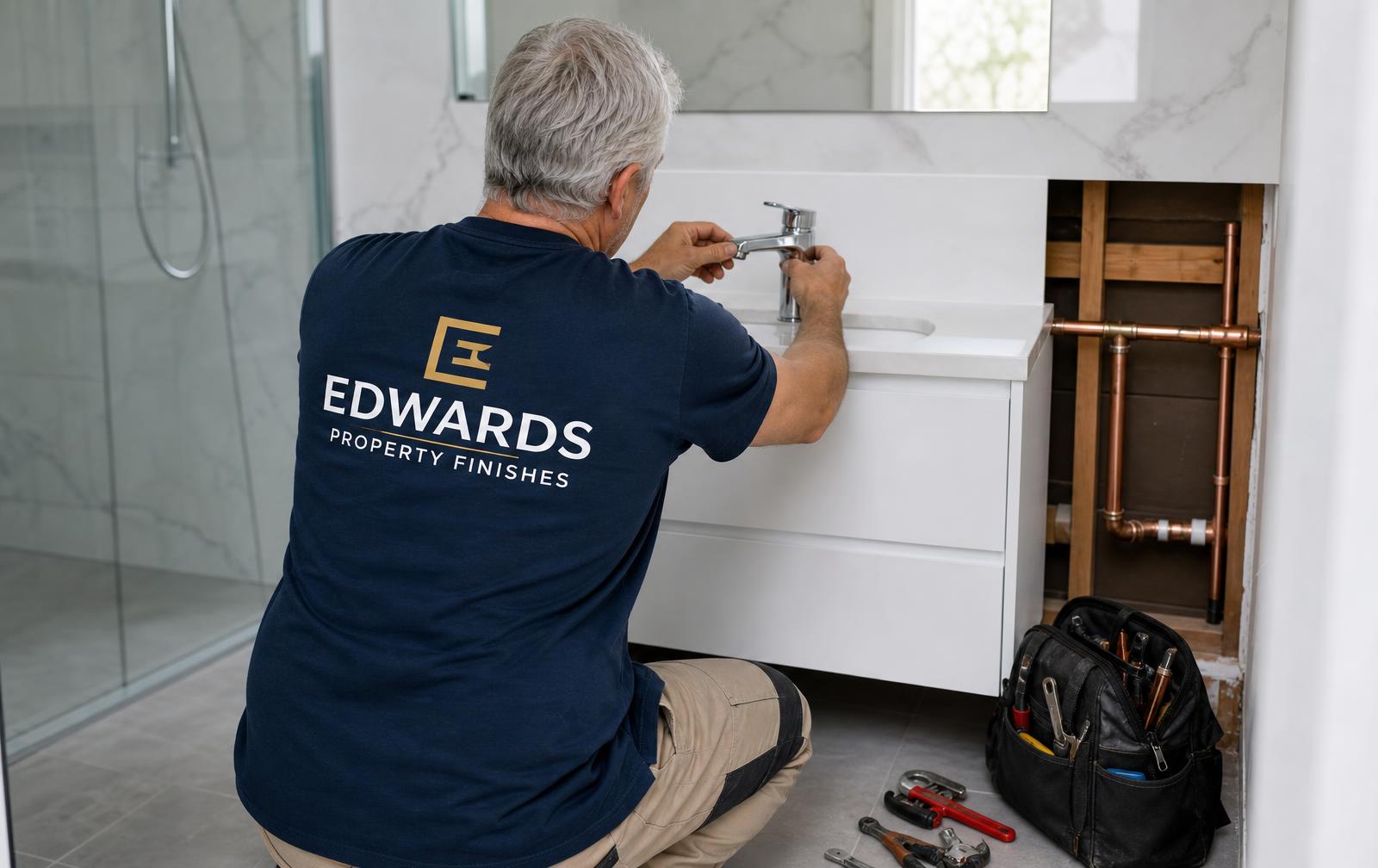 Edwards Property Finishes plumber installing tapware in a Melbourne bathroom renovation