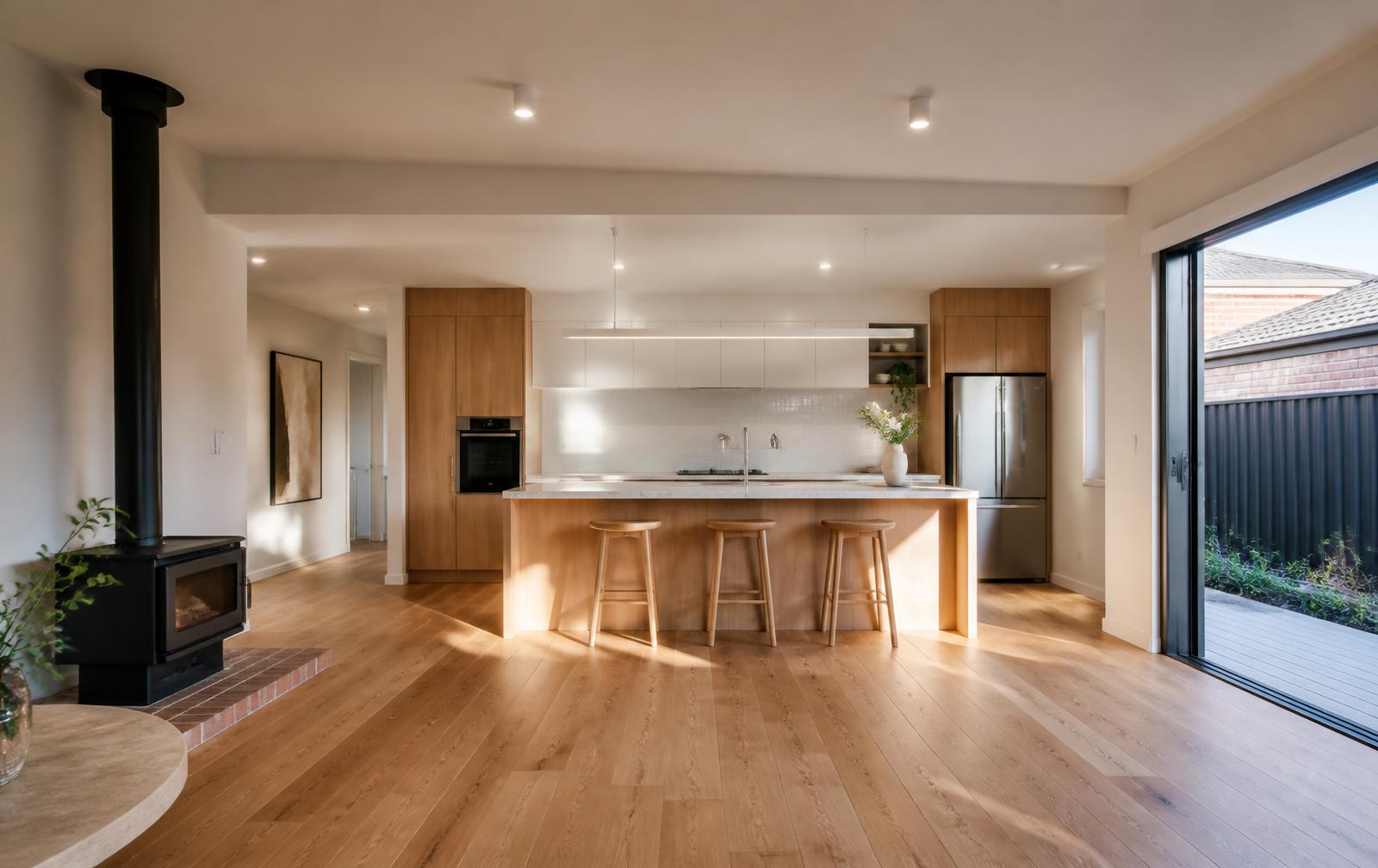 Wide interior of a Melbourne home renovation nearing completion